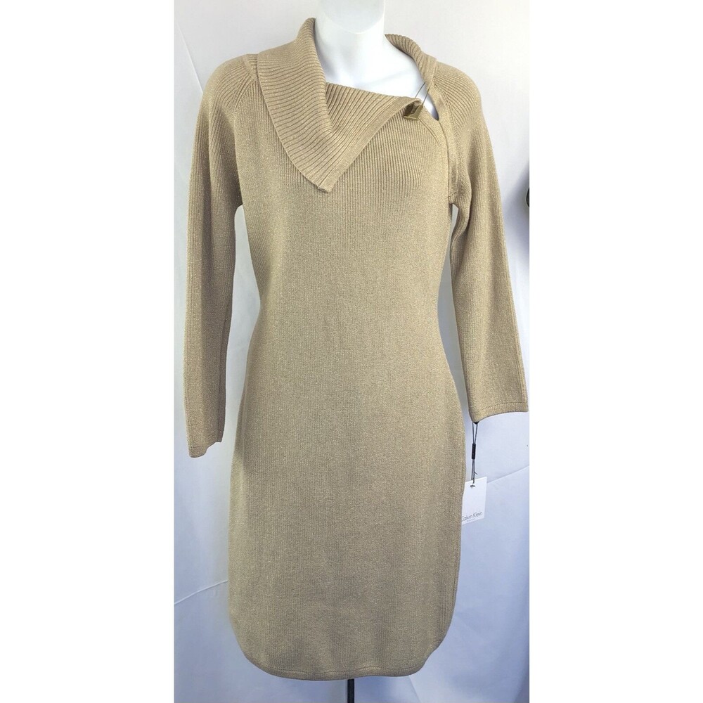 NWT Calvin Klein Sweater Dress M Gold Glitter Cowl Neck Logo Pin Glam Coquette